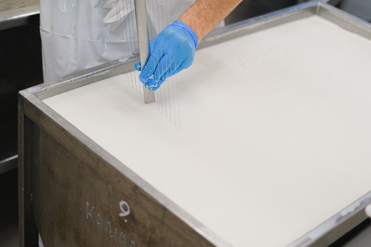 Worker using a tool in cheese production at a dairy, showcasing detailed cheese-making process.